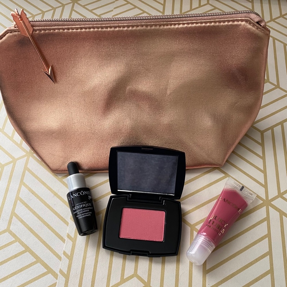 Lancome Bundle Lip Gloss Blush Genifique with Bag